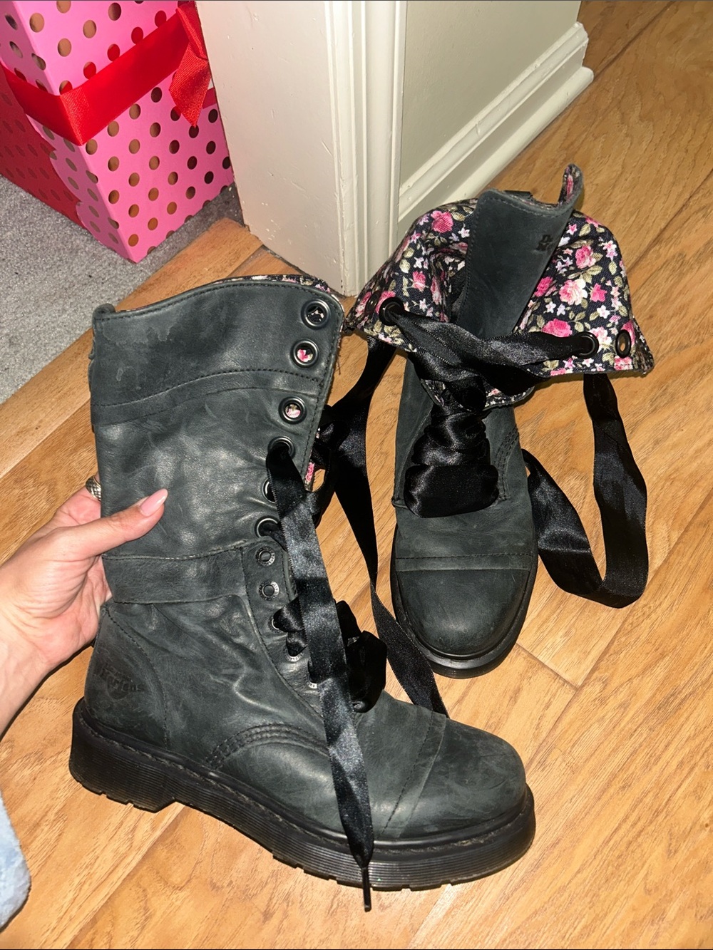 Dr. Martens Black Combat Boots with Pink Floral Lining - triumph 1914 floral